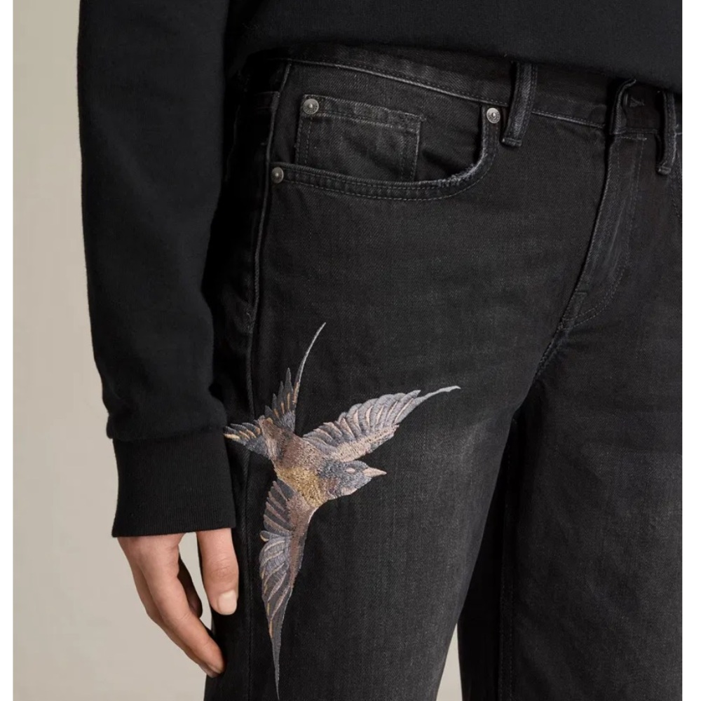 All Saints Black Slim Straight Jeans with Embroidered Bird